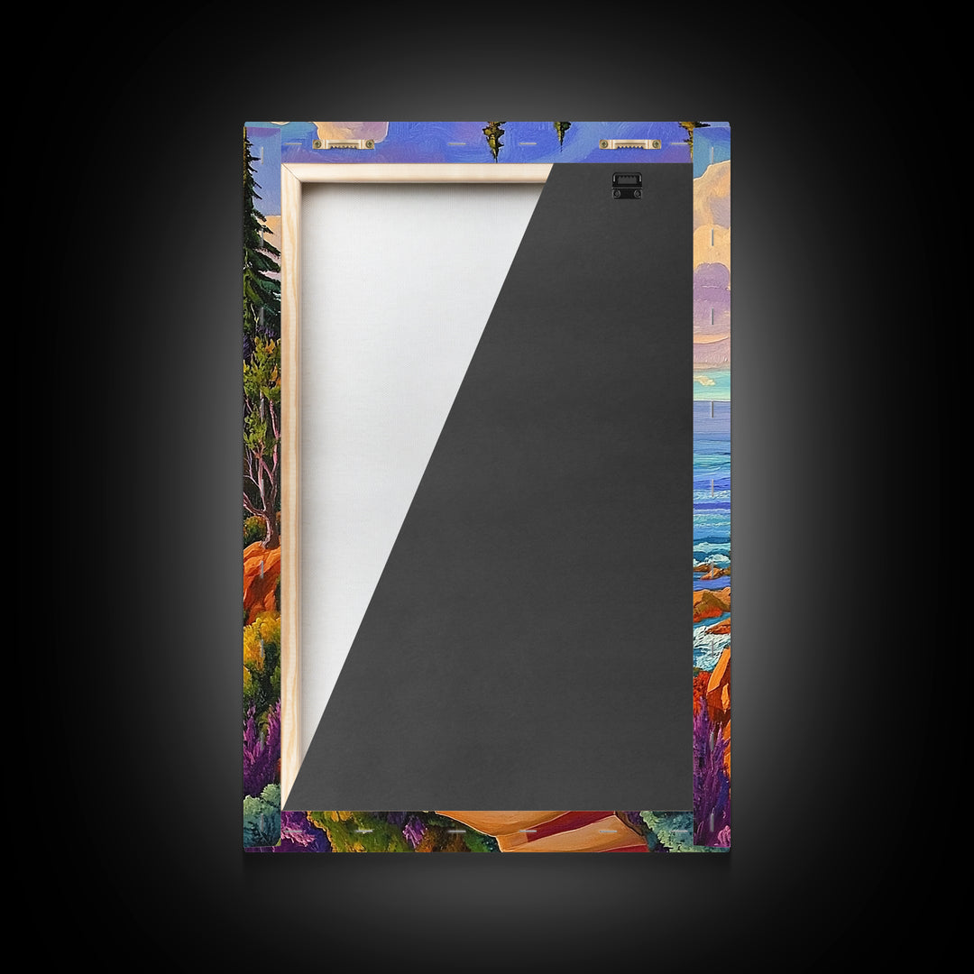 Cliff Cabin, Ocean, Trees, Framed Canvas Print, Seaside cabin on cliff with vivid trees and ocean view, rustic fall living room wall art