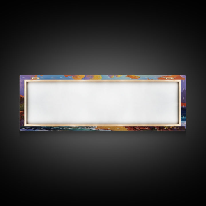 Coastal Sunset Glow, Ocean Horizon, Vibrant Wave Art, Framed Canvas Print, Living Room Wall Art, Colorful Beach Landscape