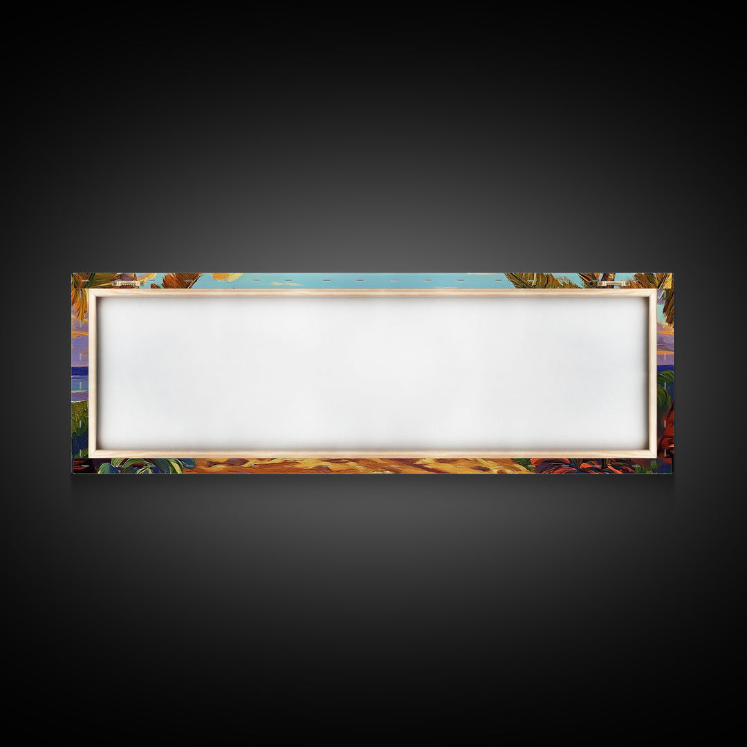 Beach Sunset, Palm Trees, Volleyball Net, Tropical Decor, Framed Canvas Print, Coastal Wall Art, Boho Beach Vibes, Game Room Art