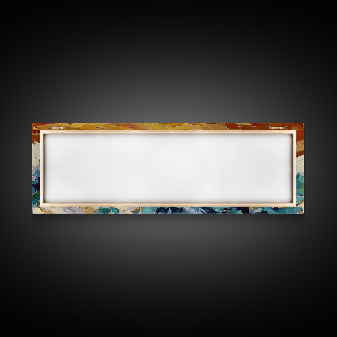 Cozy Boat, Colorful Blankets, Ocean Sunset, Serene Waves, Framed Canvas Print, Bohemian Bedroom Art, Nautical Style, Relaxation Vibe