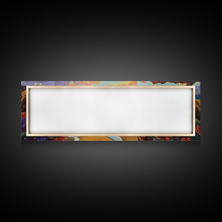 Coastal Wave, Bold Surf, Rocky Sunset, Flower Shoreline, Framed Canvas Print, Nautical Art, Bathroom Beach Landscape Decor