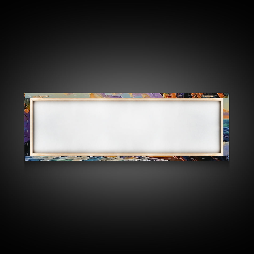 Coastal Cliff, Ocean Waves, Sunset Water, Rocky Shoreline, Framed Canvas Print, Bathroom Wall Art, Vibrant Seascape, Beach House Style