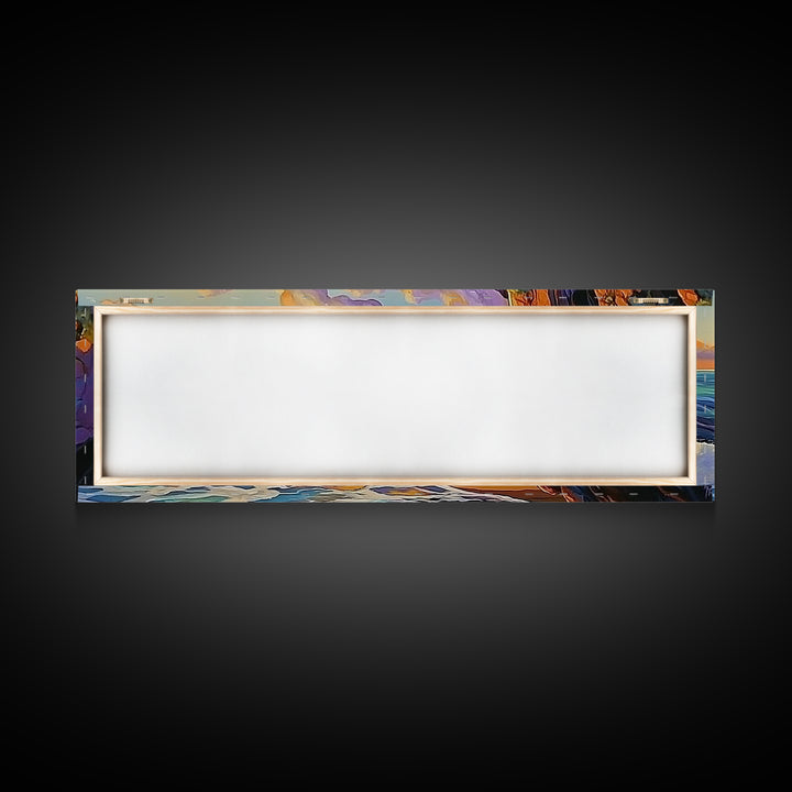 Coastal Cliff, Ocean Waves, Sunset Water, Rocky Shoreline, Framed Canvas Print, Bathroom Wall Art, Vibrant Seascape, Beach House Style