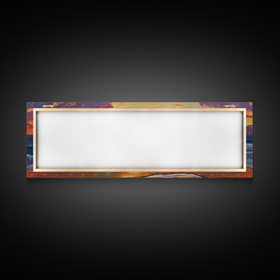 Crashing Sunset Waves, Ocean Horizon Art, Coastal Abstract Painting, Framed Canvas Print, Colorful Living Room Wall Art, Beach Vibes