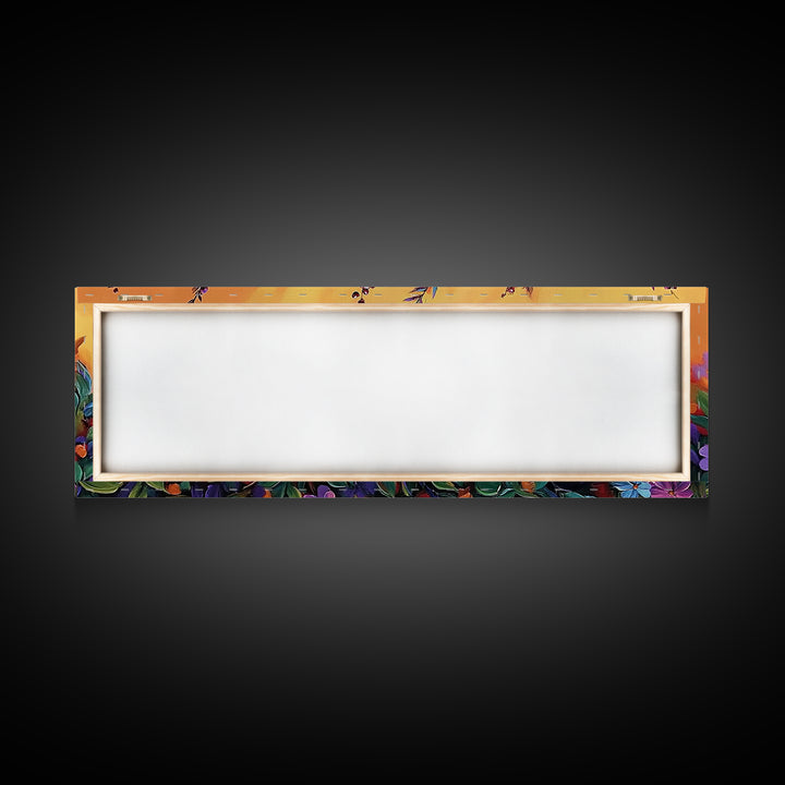 Autumn Garden Flowers, Orange Sky, Bold Leaves, Seasonal Blooms, Canvas Print, Fall Kitchen Wall Art, Botanical Color Pop