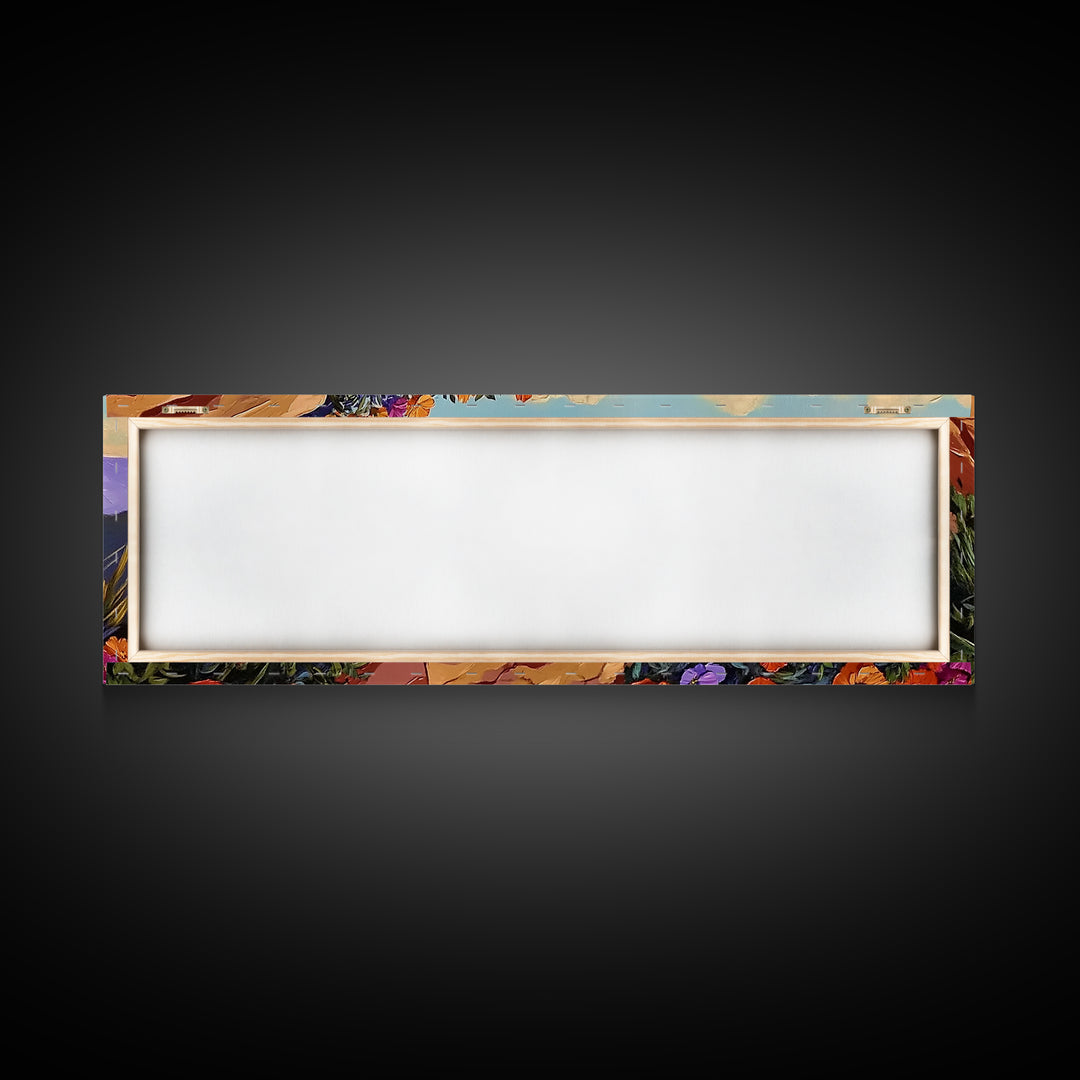 Coastal Flowers, Sunset Hillside, Wildflower Art, Framed Canvas Print, Vibrant Landscape Wall Decor, Living Room Boho Wall Art