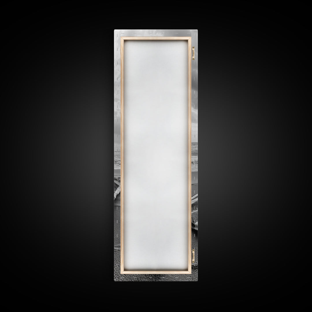 Beach Towel View, Ocean Breeze, Seaside Calm, Striped Blanket, Relaxation Mood, Framed Canvas Print, Bathroom Wall Art, Minimalist Coastal Art