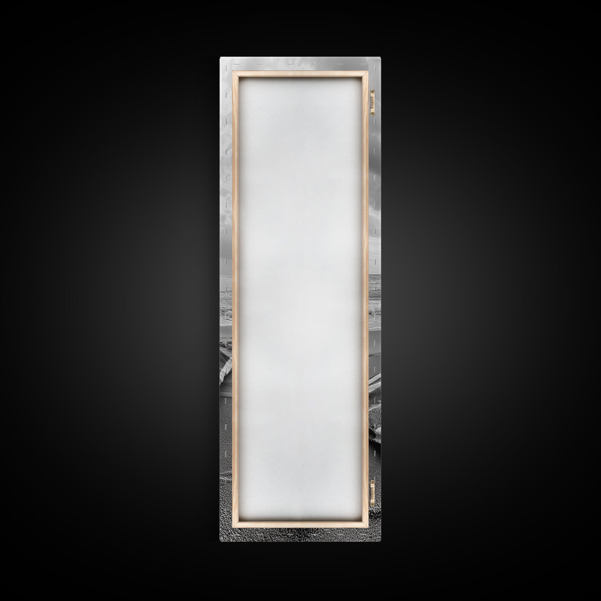 Beach Towel View, Ocean Breeze, Seaside Calm, Striped Blanket, Relaxation Mood, Framed Canvas Print, Bathroom Wall Art, Minimalist Coastal Art