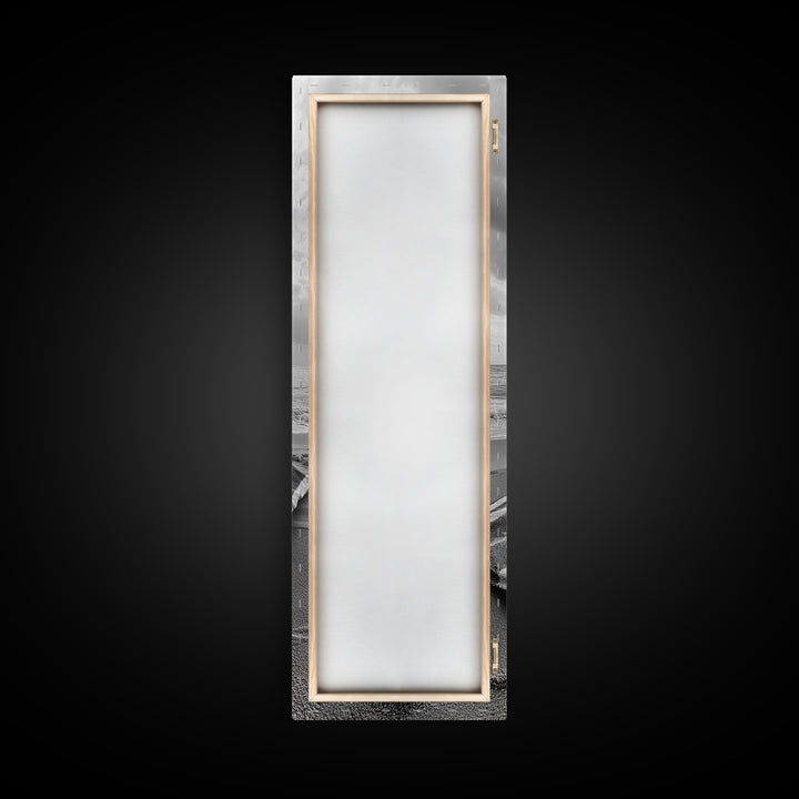 Beach Towel View, Ocean Breeze, Seaside Calm, Striped Blanket, Relaxation Mood, Framed Canvas Print, Bathroom Wall Art, Minimalist Coastal Art