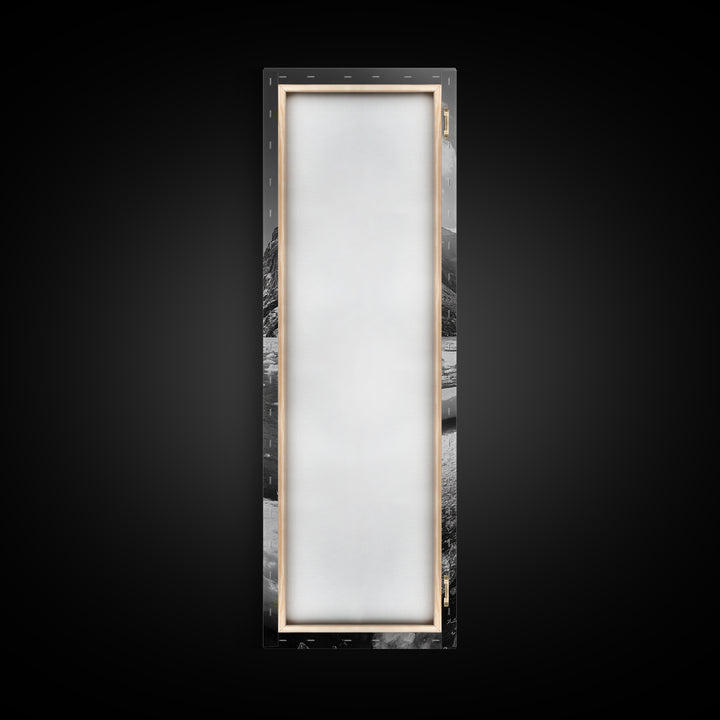 Arctic River, Snowy Mountains, Glacier Melt, Framed Canvas Print, Winter Landscape Art, Modern Living Room Decor, Nordic Aesthetic