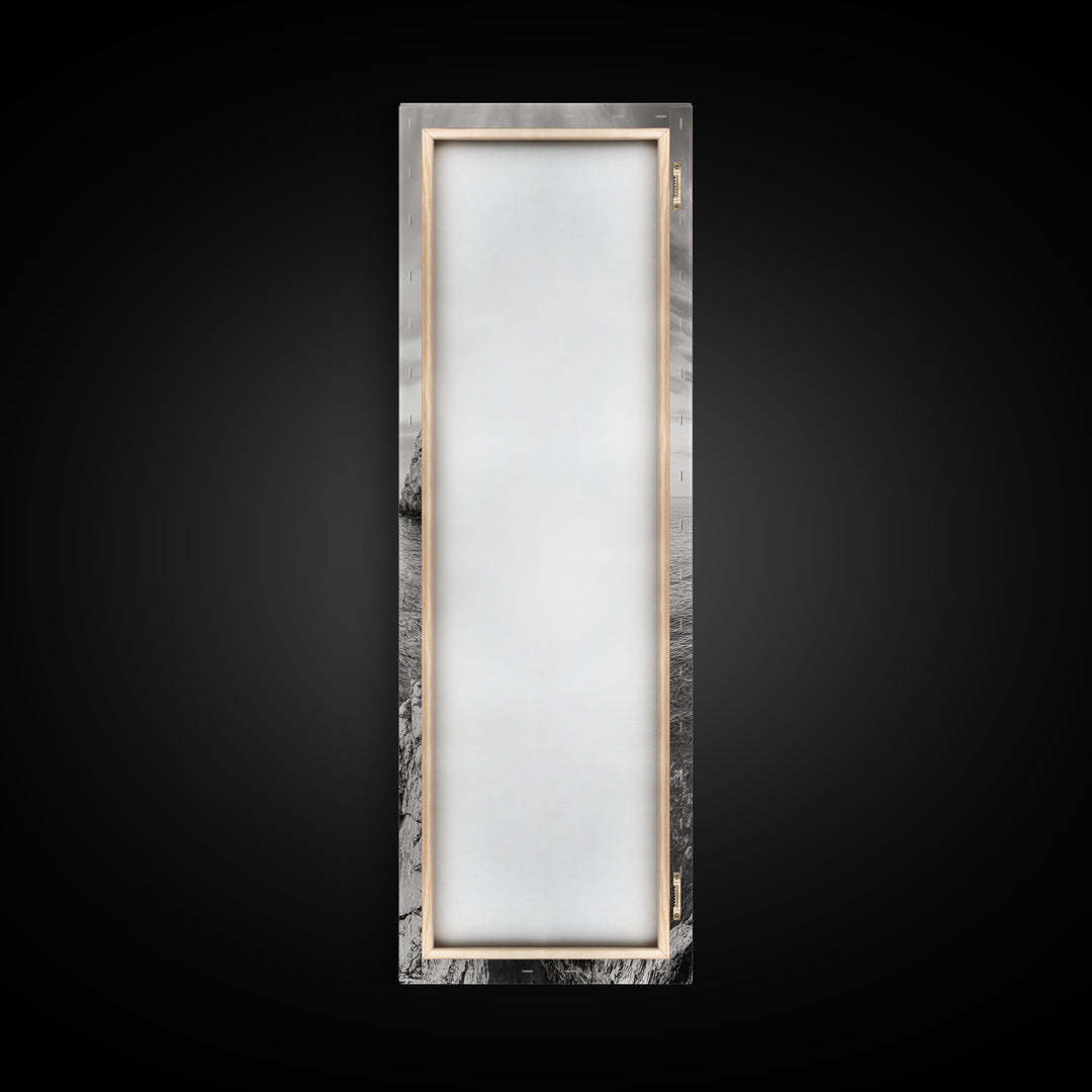 Coastal Rock, Ocean Tower, Nature Photography, Framed Canvas Print, Minimalist Wall Decor, Living Room Wall Art, Black and White Seascape