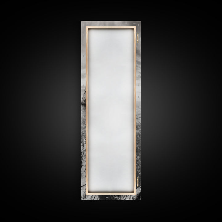 Coastal Rock, Ocean Tower, Nature Photography, Framed Canvas Print, Minimalist Wall Decor, Living Room Wall Art, Black and White Seascape