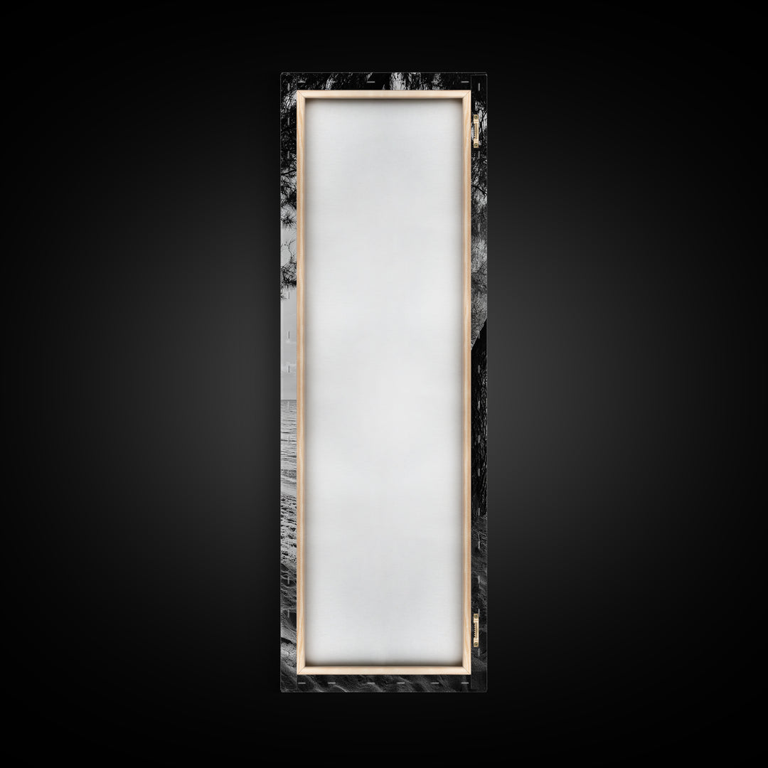 Coastal Tree Shade, Beach Sand Path, Seaside Serenity, Nature Retreat, Framed Canvas Print, Bathroom Wall Art, Neutral Tones, Calm Ocean Art