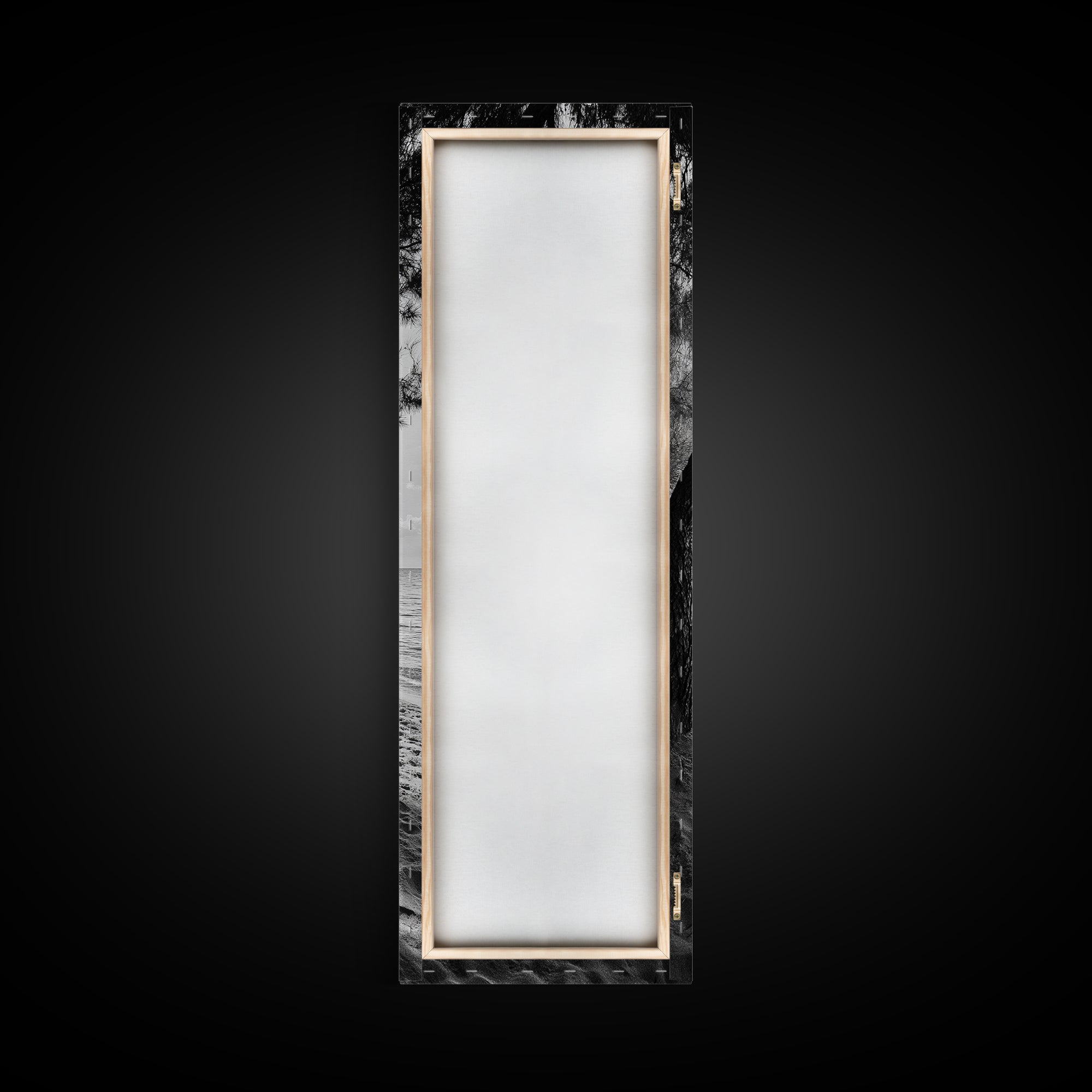 Coastal Tree Shade, Beach Sand Path, Seaside Serenity, Nature Retreat, Framed Canvas Print, Bathroom Wall Art, Neutral Tones, Calm Ocean Art