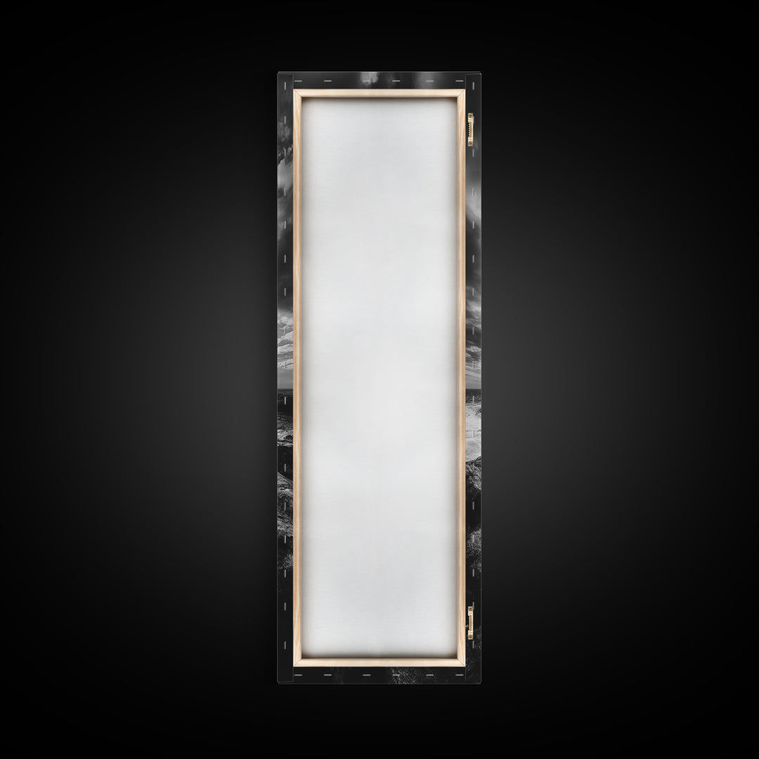 Coastal Beacon, Nautical Light, Ocean Landscape, Sunset Sky, Lighthouse Photography Framed Canvas Print, Living Room Nautical Wall Art