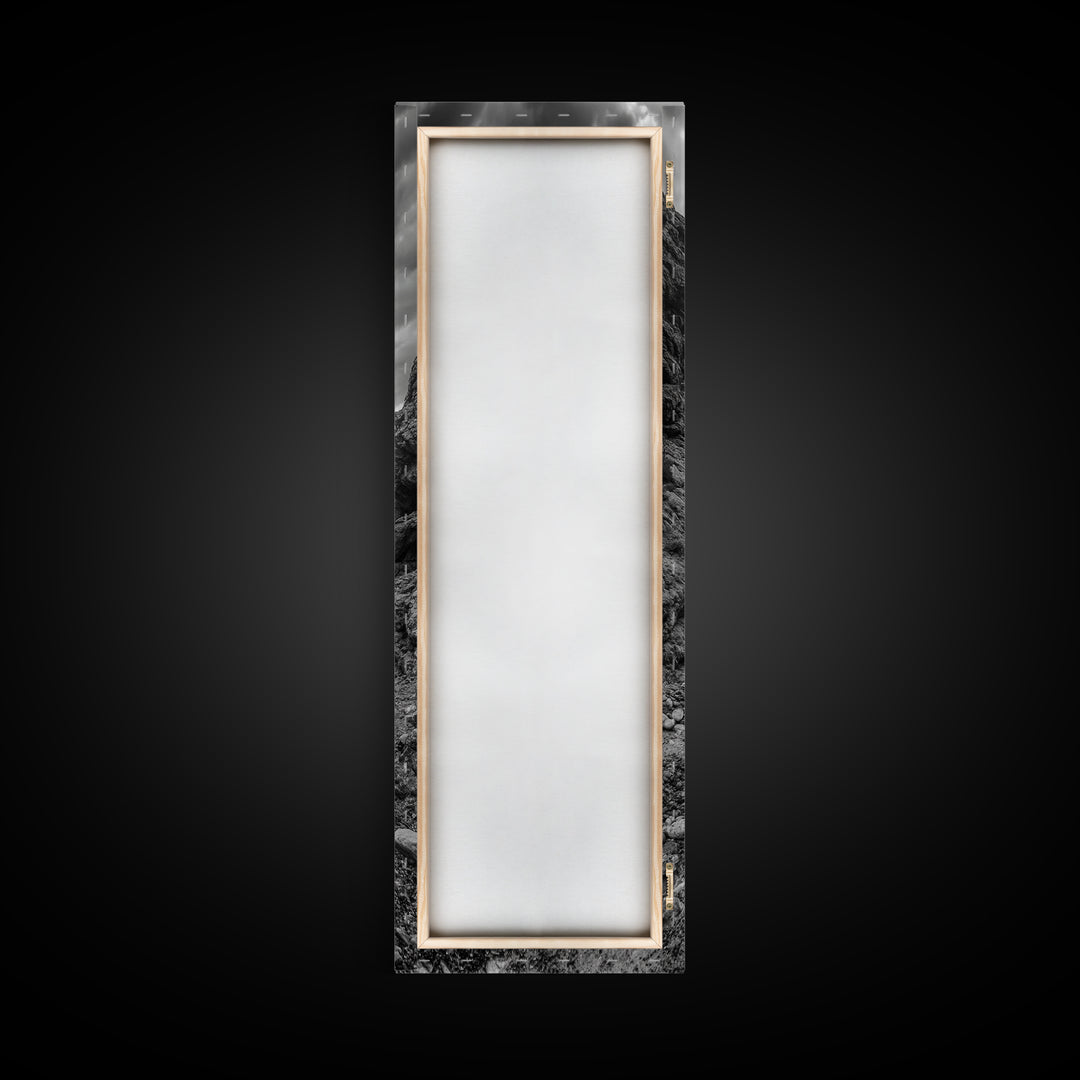 Rocky Pathway, Seaside Trail, Cloudy Horizon, Framed Canvas Print, Moody Coastal Wall Art, Nature Inspired, Monochrome Travel Decor