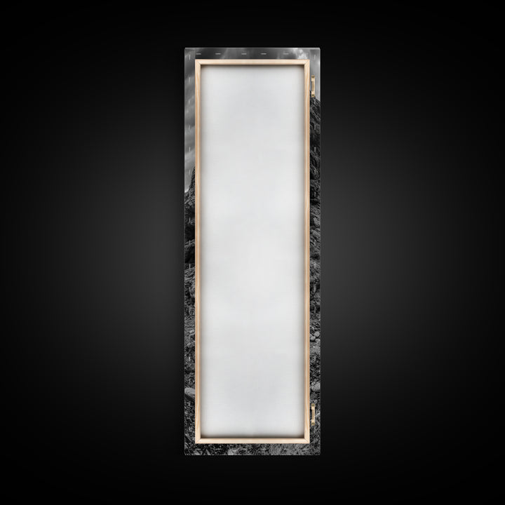 Rocky Pathway, Seaside Trail, Cloudy Horizon, Framed Canvas Print, Moody Coastal Wall Art, Nature Inspired, Monochrome Travel Decor