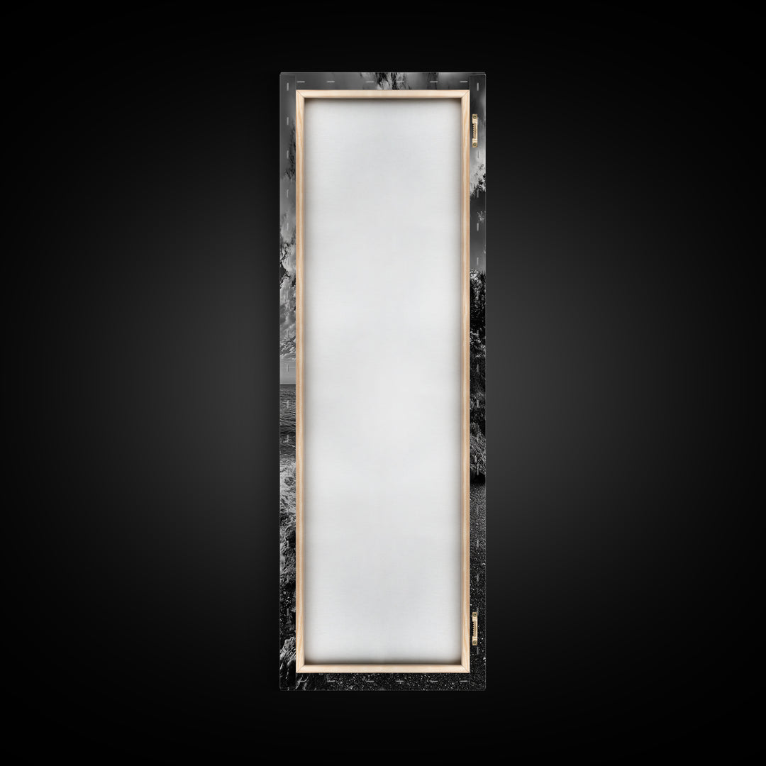 Rocky Coastline, Ocean Foam, Sunset Glow, Framed Canvas Print, Nautical Wall Art, Beach House Decor, Moody Seascape Photography