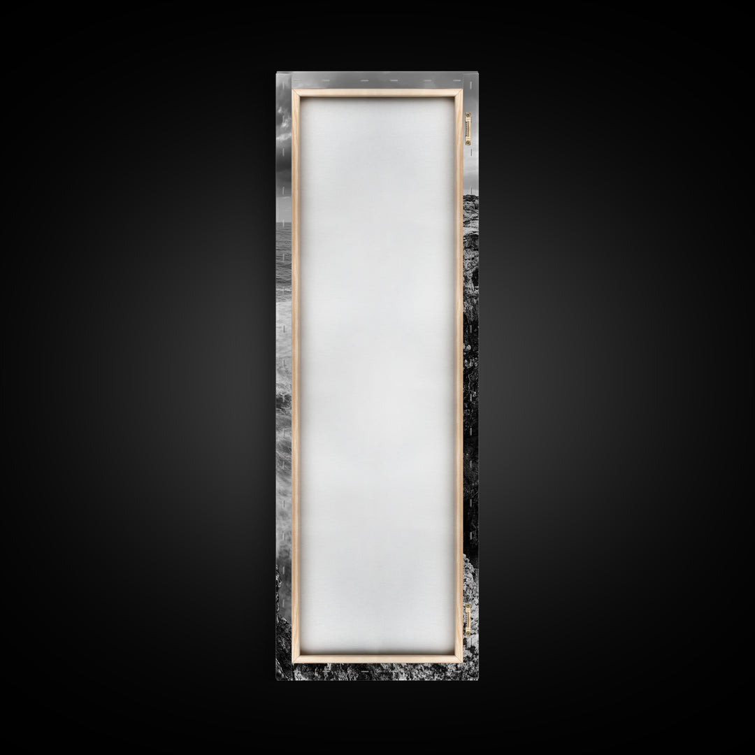 Cliffside Ocean, Storm Waves, Dramatic Coast, Monochrome Rocks, Framed Canvas Print Bathroom Wall Art, Minimalist Nautical Style, Coastal Decor