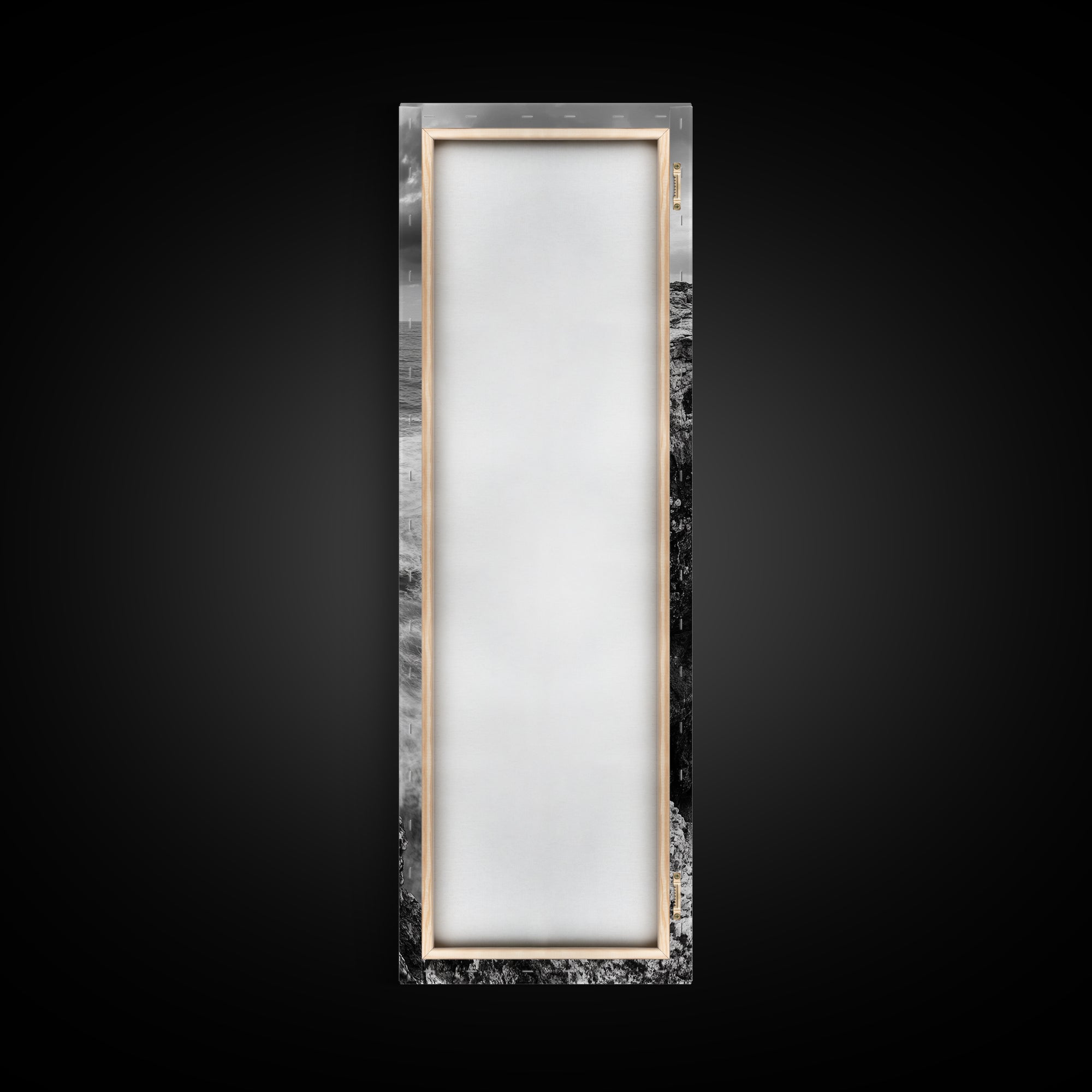 Cliffside Ocean, Storm Waves, Dramatic Coast, Monochrome Rocks, Framed Canvas Print Bathroom Wall Art, Minimalist Nautical Style, Coastal Decor