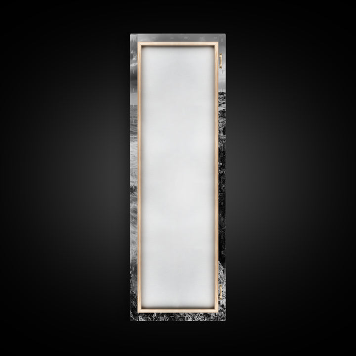 Cliffside Ocean, Storm Waves, Dramatic Coast, Monochrome Rocks, Framed Canvas Print Bathroom Wall Art, Minimalist Nautical Style, Coastal Decor