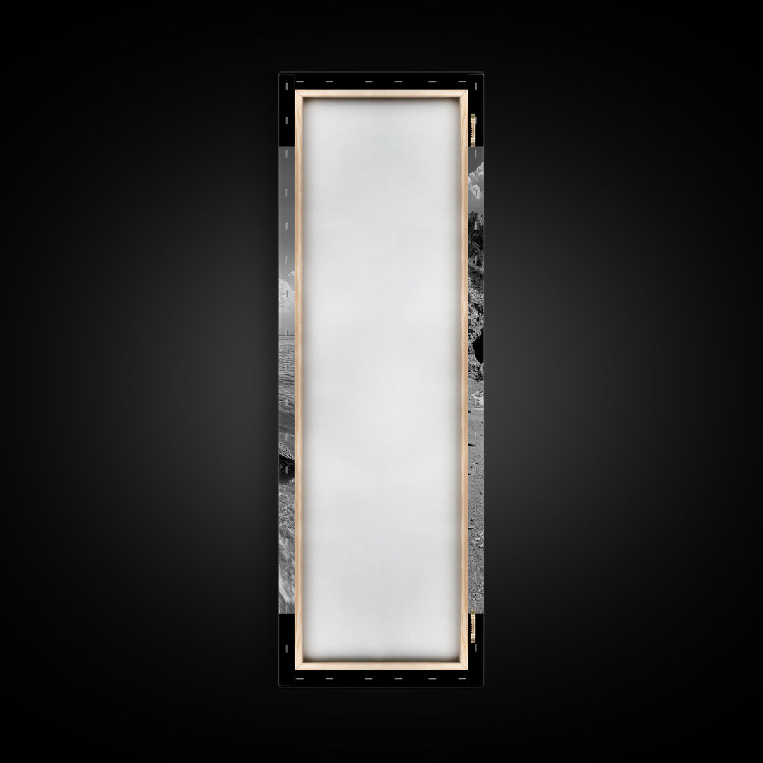 Rocky Beach, Calm Water, Summer Shore, Black White Coastal View, Framed Canvas Print Beach Wall Art, Nature Decor, Coastal Bathroom Style