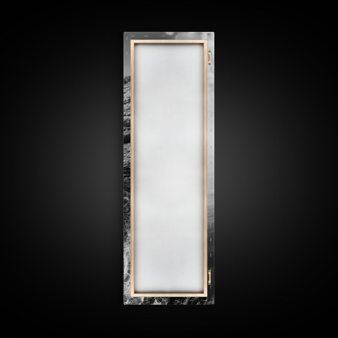 Cliffside Calm, Ocean View, Rock Texture, Seaside Stillness Framed Canvas Print, Modern Office Wall Art, Coastal Minimalist Decor