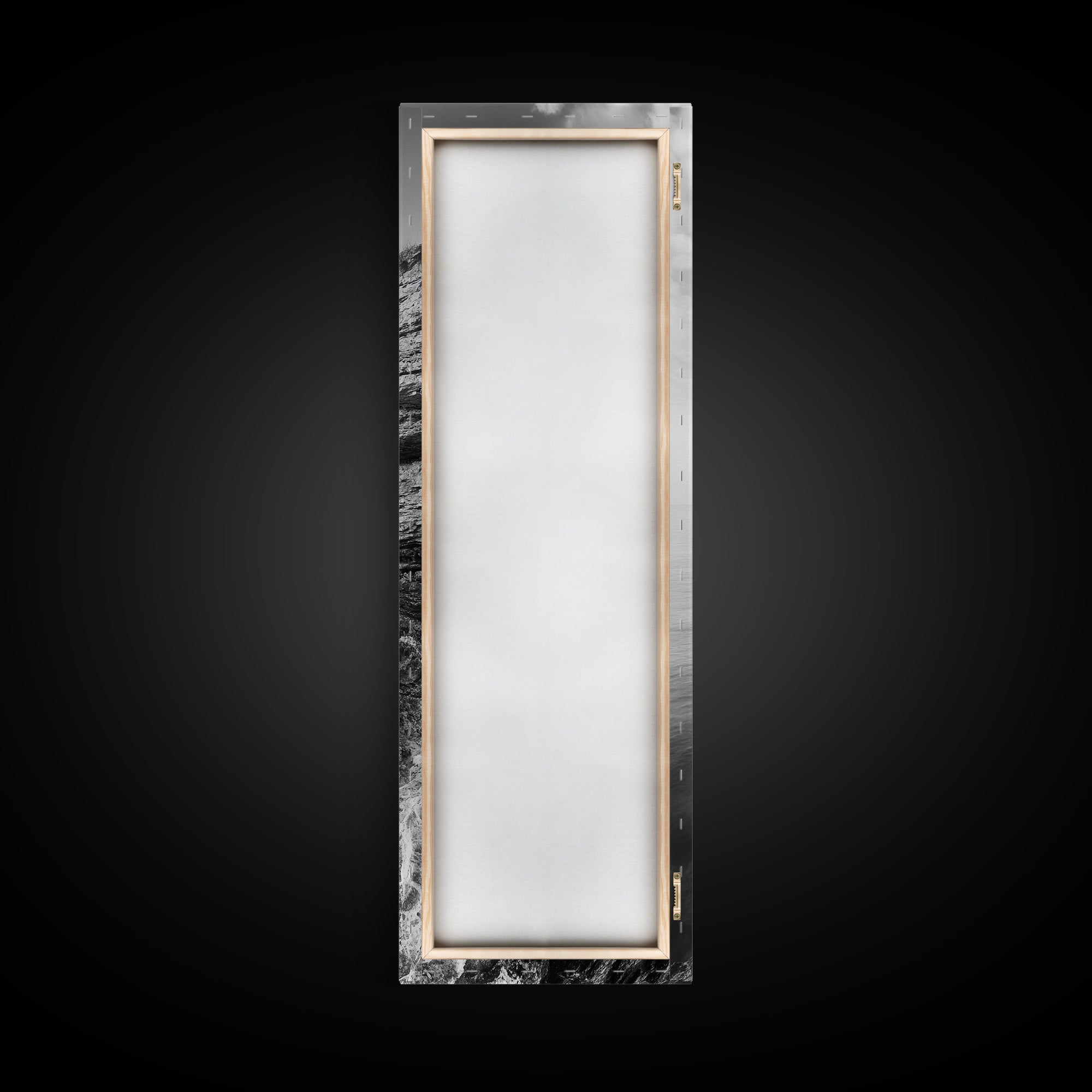 Cliffside Calm, Ocean View, Rock Texture, Seaside Stillness Framed Canvas Print, Modern Office Wall Art, Coastal Minimalist Decor