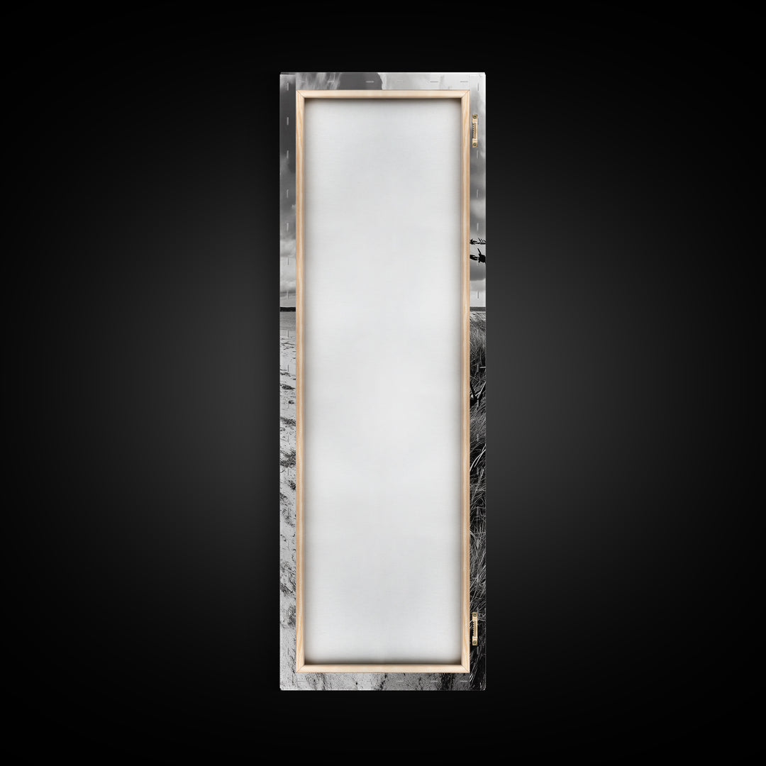 Barbed Fence, Sandy Dunes, Stormy Skies, Moody Coast, Natural Tension, Framed Canvas Print, Living Room Wall Art, Modern Western Decor