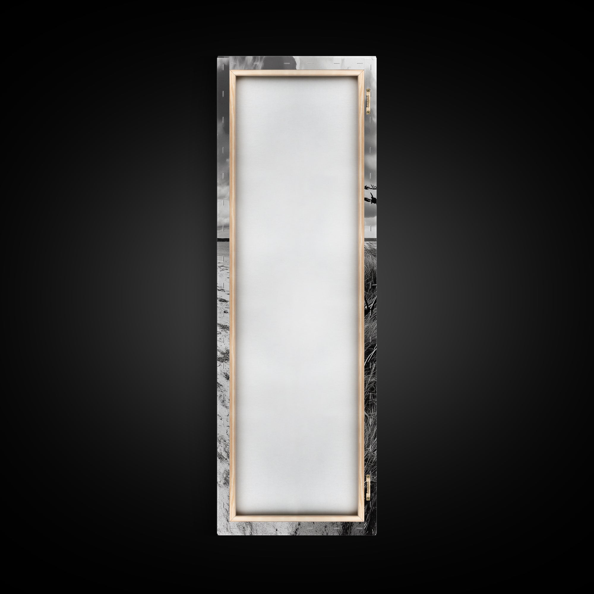 Barbed Fence, Sandy Dunes, Stormy Skies, Moody Coast, Natural Tension, Framed Canvas Print, Living Room Wall Art, Modern Western Decor