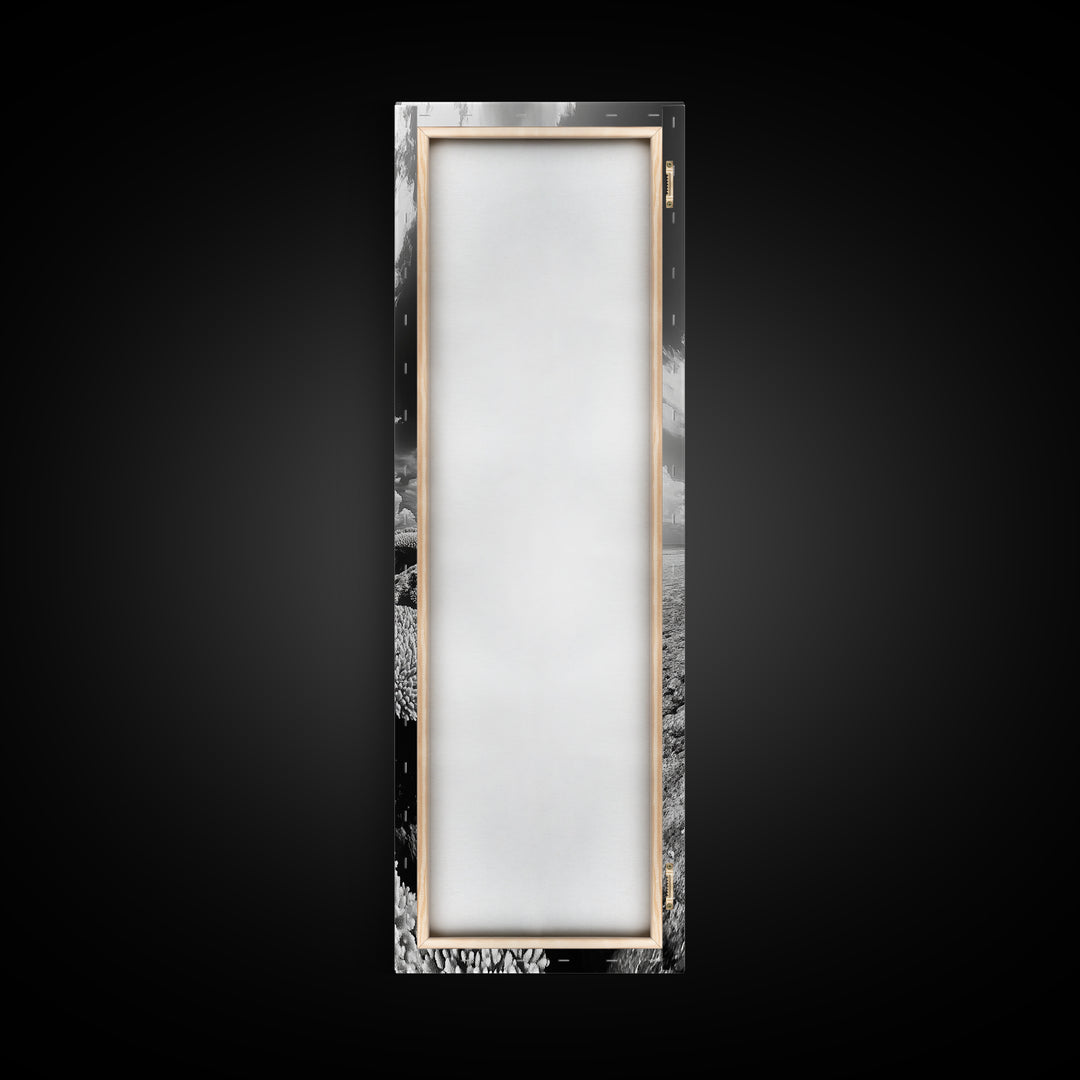 Coral Reef, Ocean Horizon, Puffy Clouds, Framed Canvas Print, Coastal Bathroom Art, Nautical Decor, Black and White Beach Style