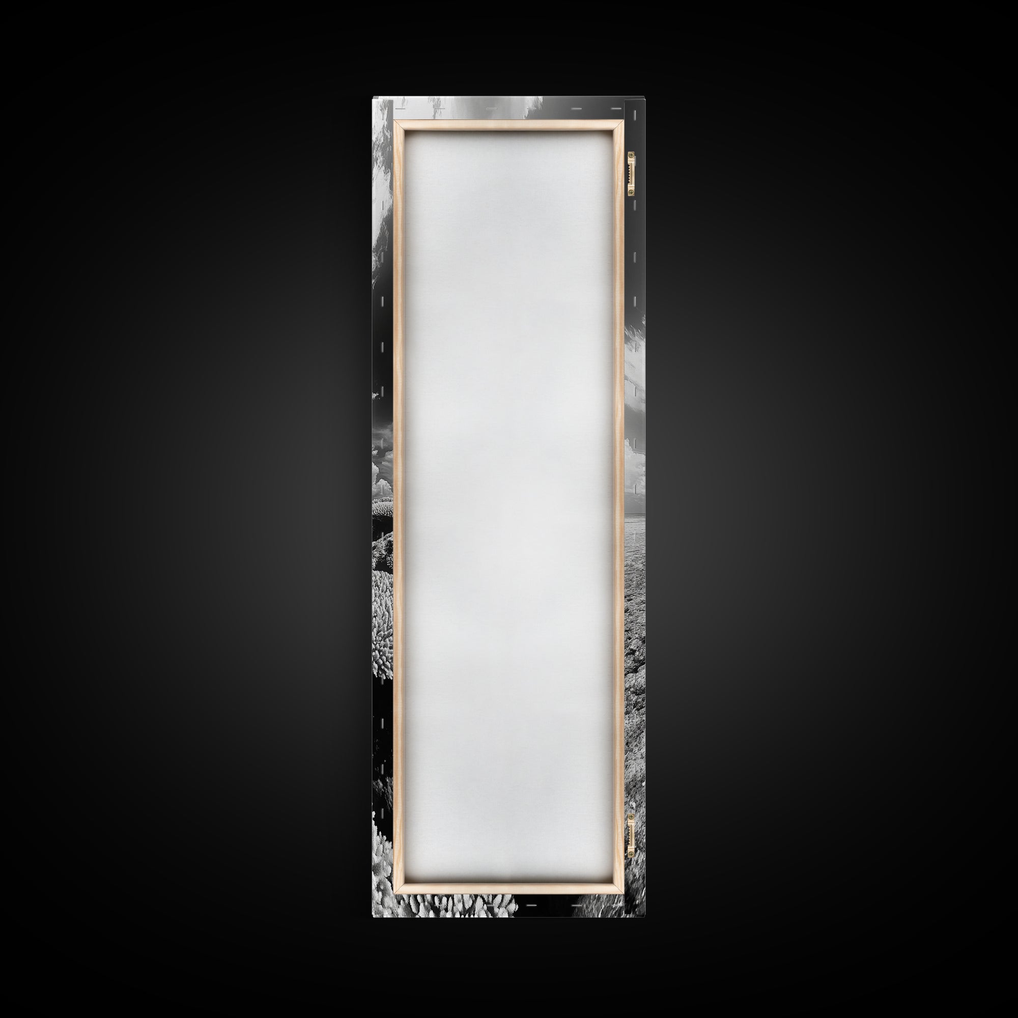 Coral Reef, Ocean Horizon, Puffy Clouds, Framed Canvas Print, Coastal Bathroom Art, Nautical Decor, Black and White Beach Style