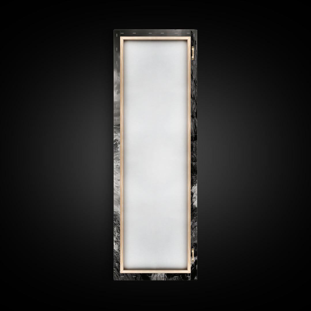 Crashing Surf, Tall Sea Stack, Rugged Coast, Framed Canvas Print, Moody Ocean Wall Art, Bathroom Decor, Black and White Seascape