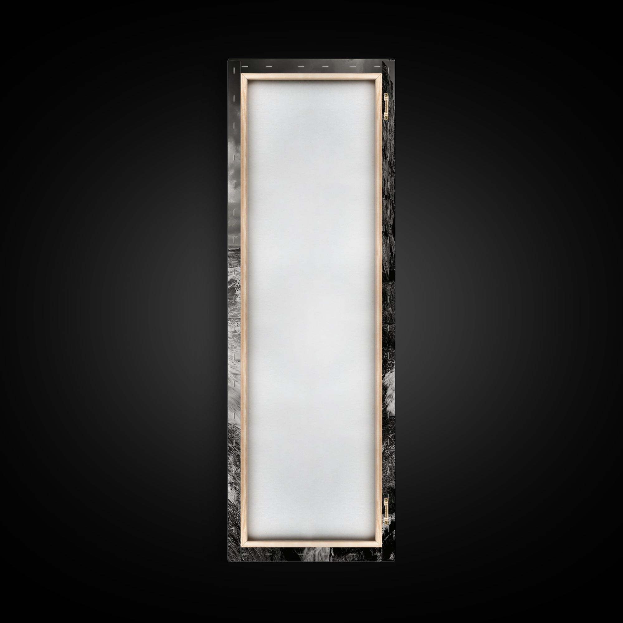 Crashing Surf, Tall Sea Stack, Rugged Coast, Framed Canvas Print, Moody Ocean Wall Art, Bathroom Decor, Black and White Seascape