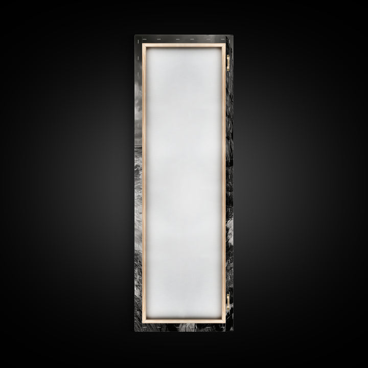 Crashing Surf, Tall Sea Stack, Rugged Coast, Framed Canvas Print, Moody Ocean Wall Art, Bathroom Decor, Black and White Seascape