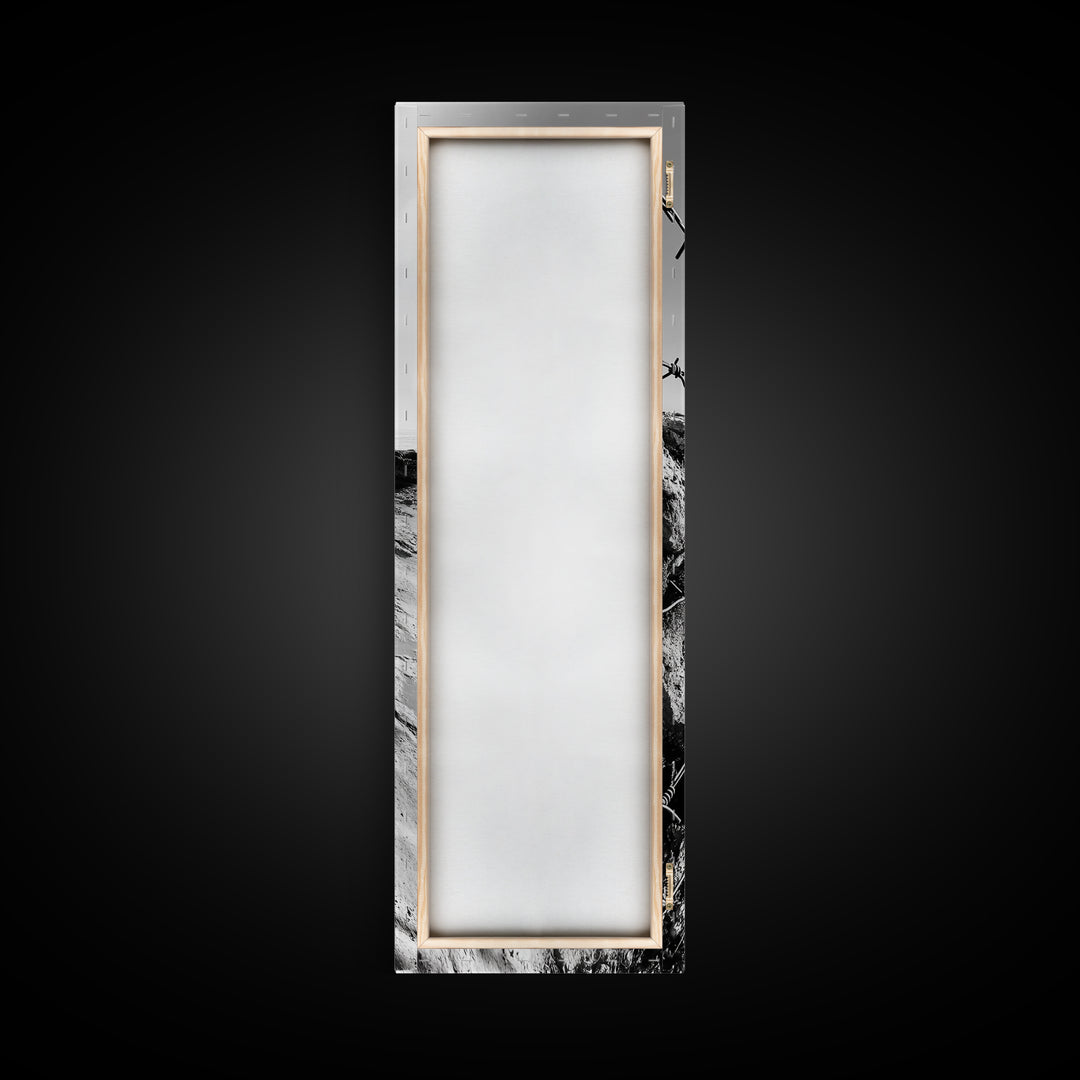 Rocky Shoreline, Barbed Wire, Coastal Minimalism, Rugged Texture, Natural Barrier, Framed Canvas Print, Hallway Wall Art, Industrial Rustic Style