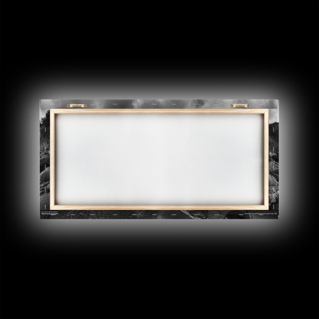 Coastal Reflection, Tide Pools, Dramatic Sky, Ocean Cliff Landscape, Framed Canvas Print, Bedroom Nature Photography Art