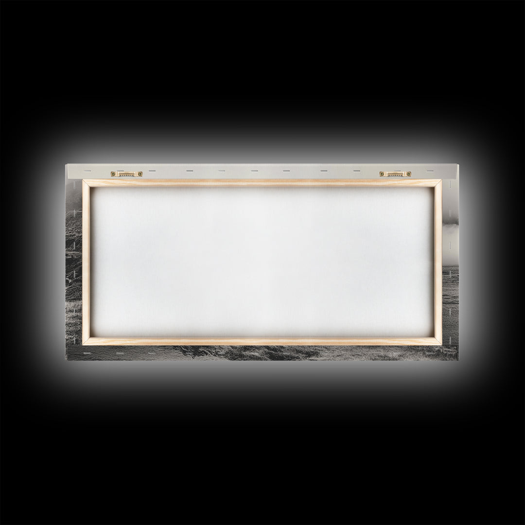 Coastal Fog Village, Misty Ocean Cliff Scene, Black and White Landscape, Canvas Print, Bedroom Wall Art, Rustic Coastal Decor