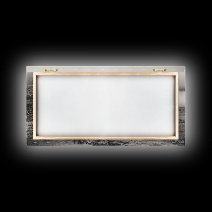 Coastal Fog Village, Misty Ocean Cliff Scene, Black and White Landscape, Canvas Print, Bedroom Wall Art, Rustic Coastal Decor