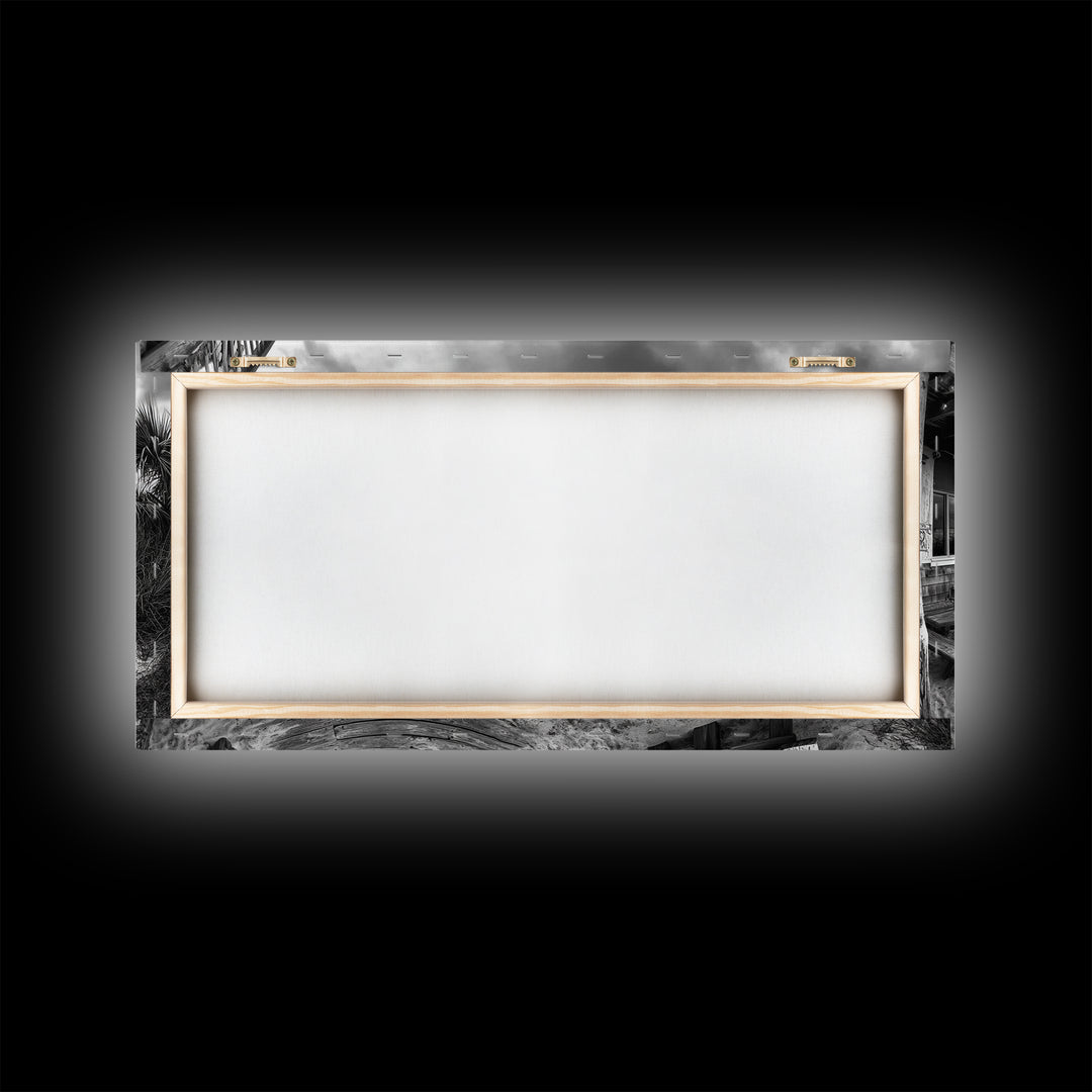 Beach Boardwalk, Coastal Restaurant, Moody Seaside View, Framed Canvas Print, Kitchen or Bar Wall Art, Rustic Autumn Decor