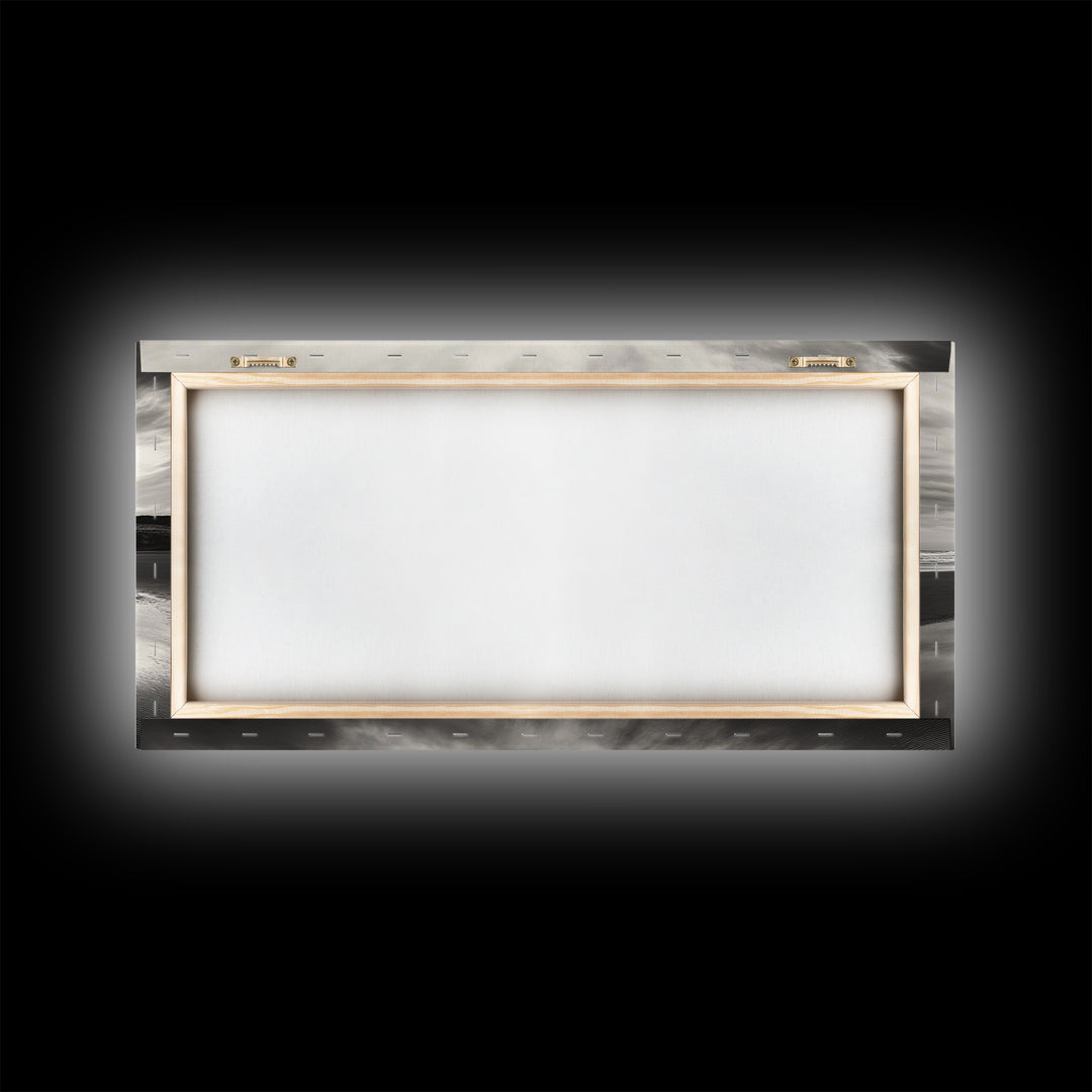 Cliff Reflection, Coastal Monolith, Seashore Beauty, Sunset Vibes, Framed Canvas Print, Living Room Art, Minimalist Beach Scene