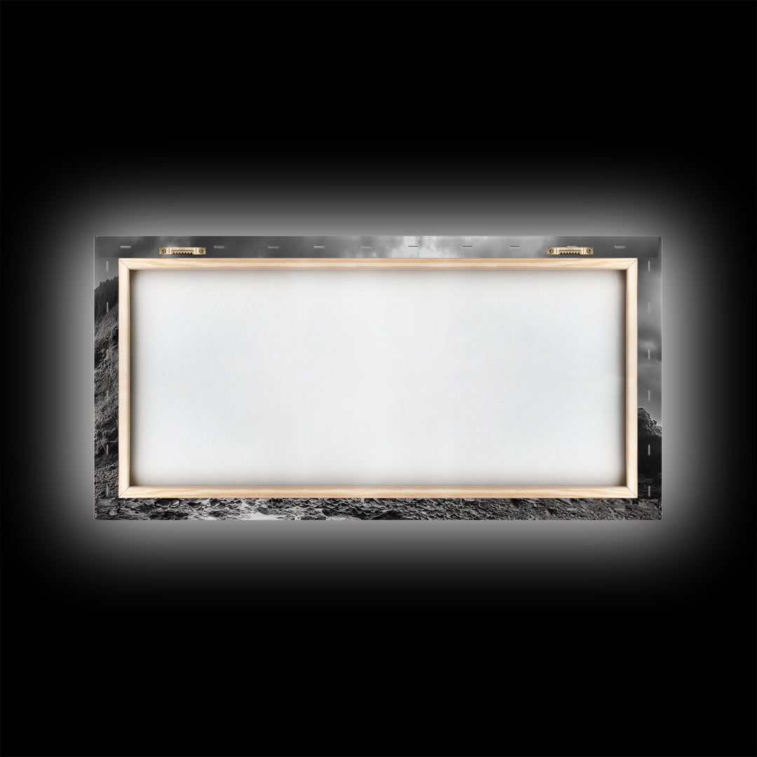 Coastal Cliffside, Stormy Sea, Dramatic Sky, Ocean Mood, Framed Canvas Print, Monochrome Art, Living Room Beach House Decor