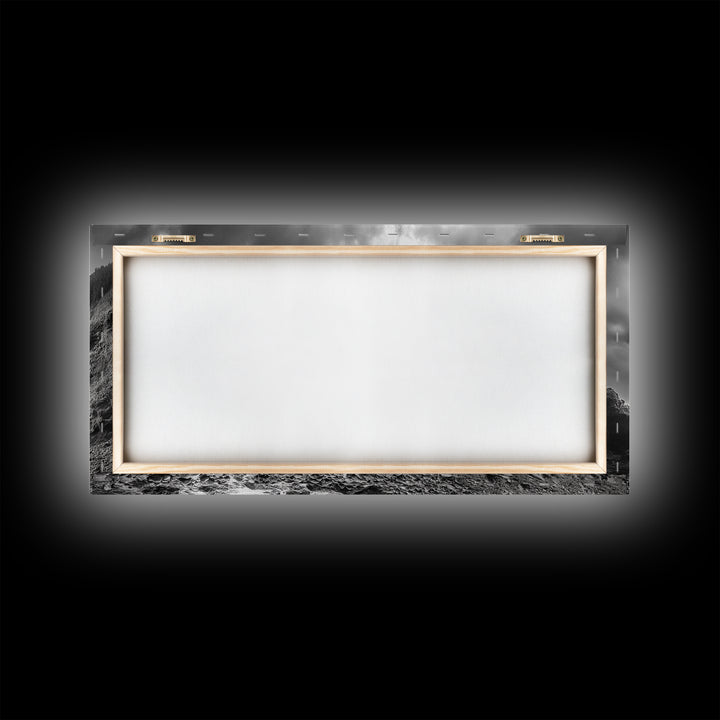 Coastal Cliffside, Stormy Sea, Dramatic Sky, Ocean Mood, Framed Canvas Print, Monochrome Art, Living Room Beach House Decor