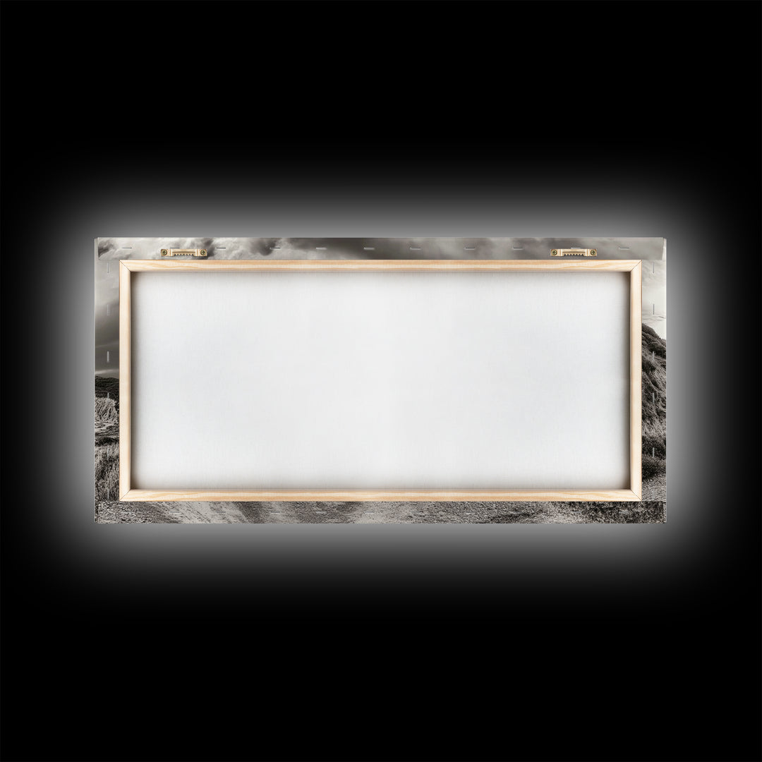 Coastal Road, Scenic Journey, Ocean Path, Cloudy Sky, Framed Canvas Print, Rustic Wall Art, Entryway Wanderlust Landscape, Coastal House