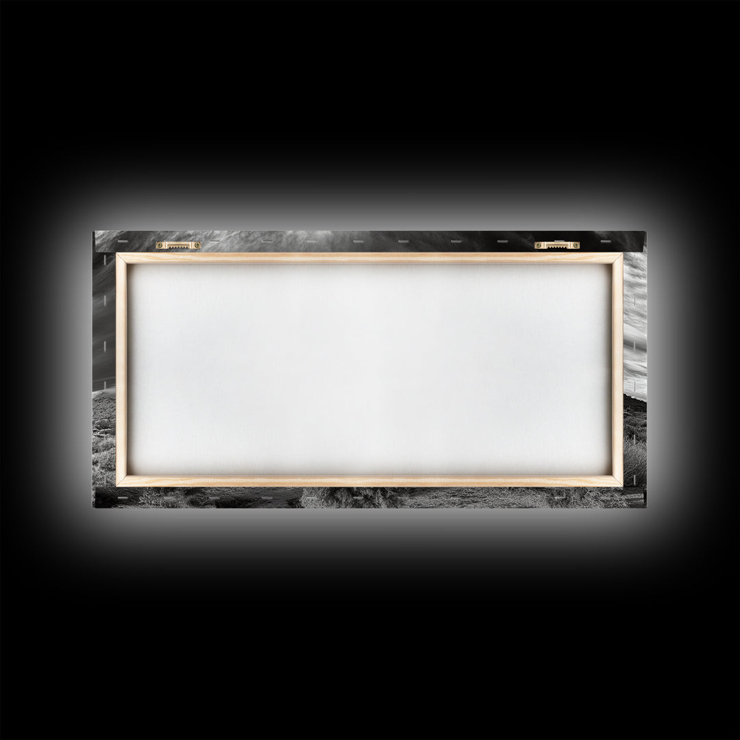 Desert Mesa, Dramatic Sky, Western Landscape, Cactus Field, Framed Canvas Print, Rustic Wall Art, Living Room Southwest Decor