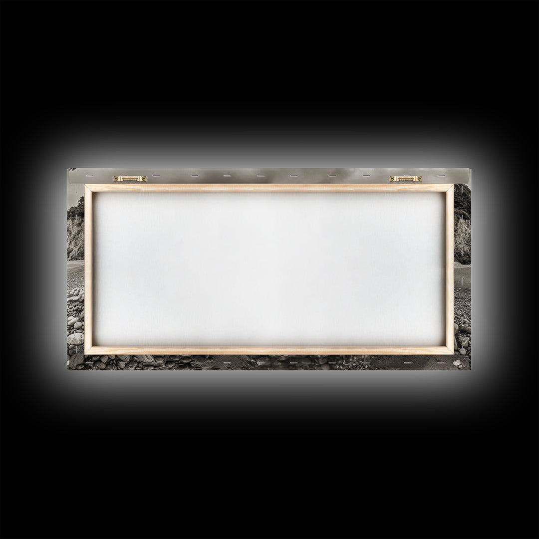 Coastal Pebble Beach, Pacific Shoreline, Serene Nature Landscape, Framed Canvas Print, Neutral Bedroom or Fall Living Room Wall Art