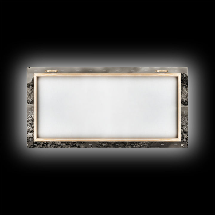 Coastal Pebble Beach, Pacific Shoreline, Serene Nature Landscape, Framed Canvas Print, Neutral Bedroom or Fall Living Room Wall Art