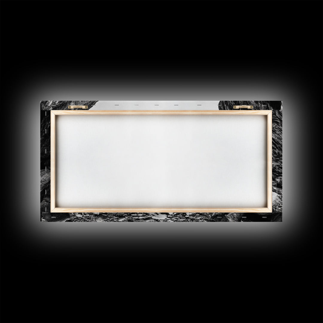 Rocky Cove, Ocean Gap, Cliffside Path, Secluded Coast, Framed Canvas Print, adventure wall art, man cave, grayscale wilderness print