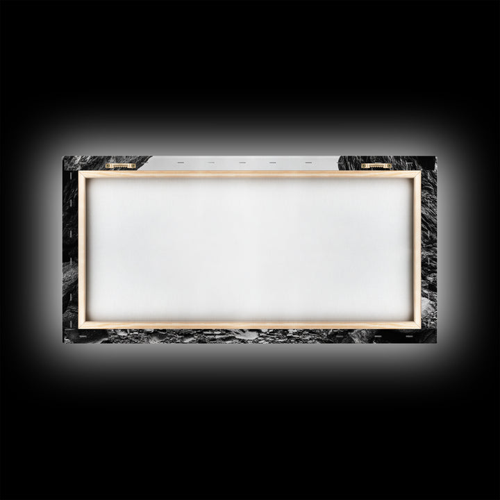 Rocky Cove, Ocean Gap, Cliffside Path, Secluded Coast, Framed Canvas Print, adventure wall art, man cave, grayscale wilderness print