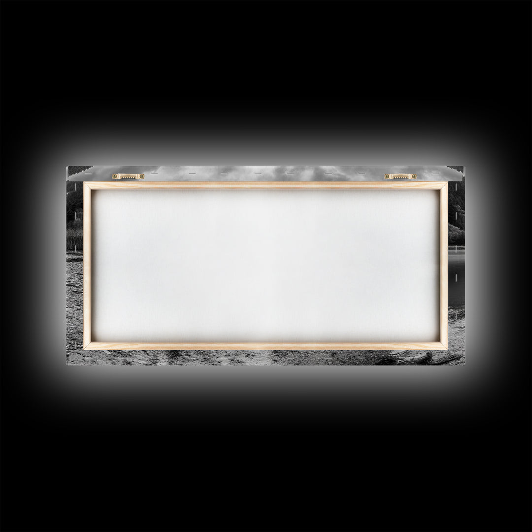 Abandoned Boat, Mountain Lake, Moody Shore, Nature Reflections, Framed Canvas Print, cabin wall art, explorer decor, grayscale nature